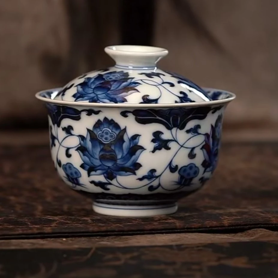 【品遗敬仁】洪印慕明青花缠枝金刚莲二才盖碗150cc 口径9.2 高7.8