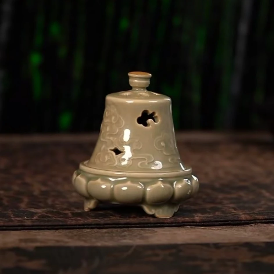 【品遗敬仁】云霞珍藏描金影青釉镂空莲花祥云小香炉 盘香炉子