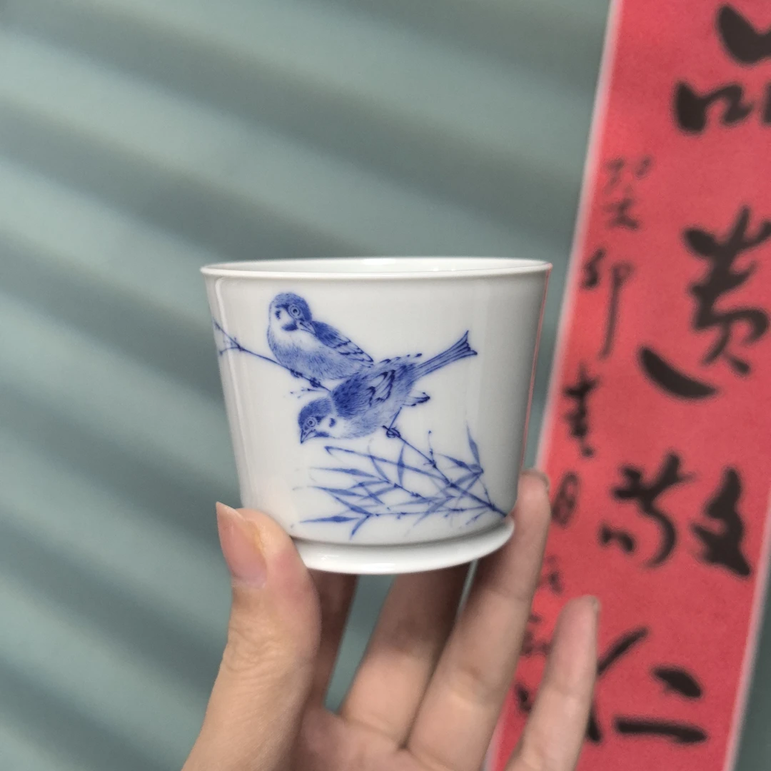 【品遗敬仁】方墨窑手绘青花碧花鸟BY双栖直口杯130cc