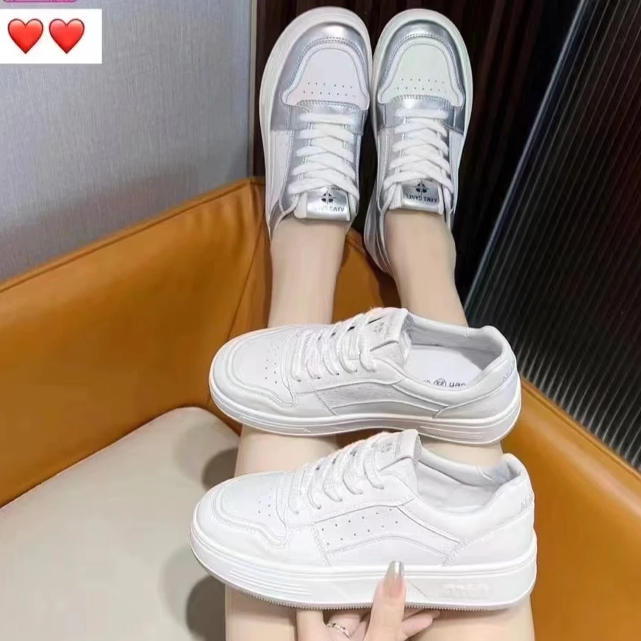 新款秋季银色平底系带小白鞋女士时尚休闲百搭不挑人柔软舒适