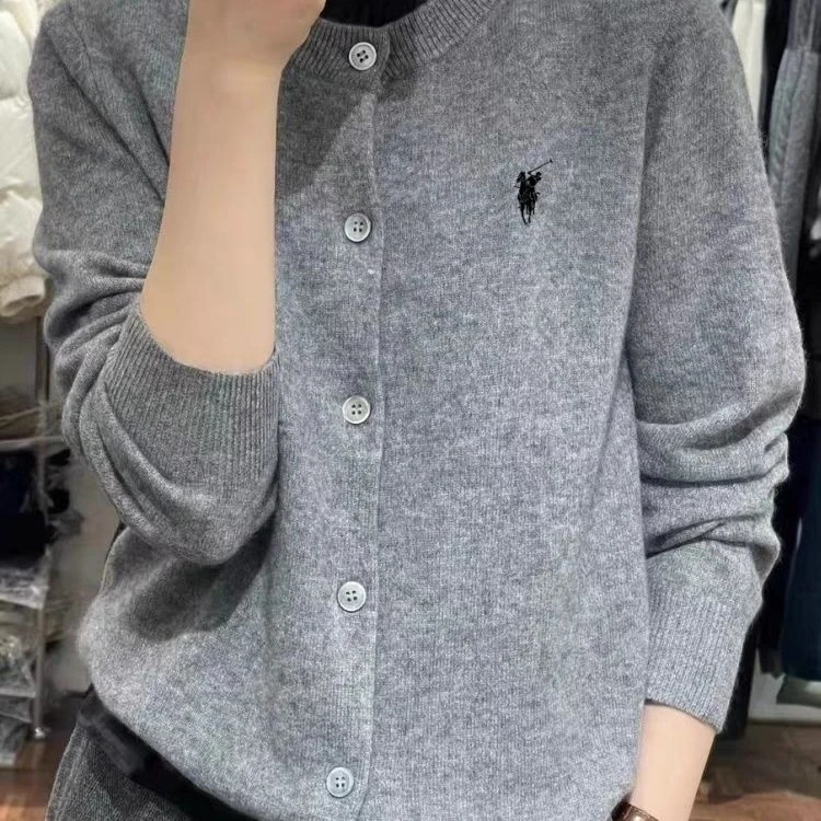 圆领针织开衫女春秋外穿新款毛衣外套刺绣设计感宽松百搭纯色上衣