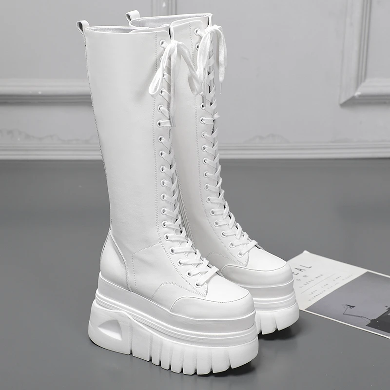 欧洲站女靴长筒靴2025新款靴子白色厚底马丁靴增高11CM春秋高靴女
