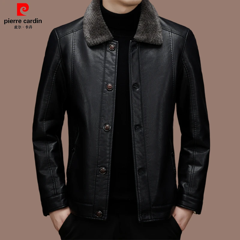 皮尔卡丹 正品男士加厚保暖外套高档加绒皮夹克冬季休闲皮衣外穿
