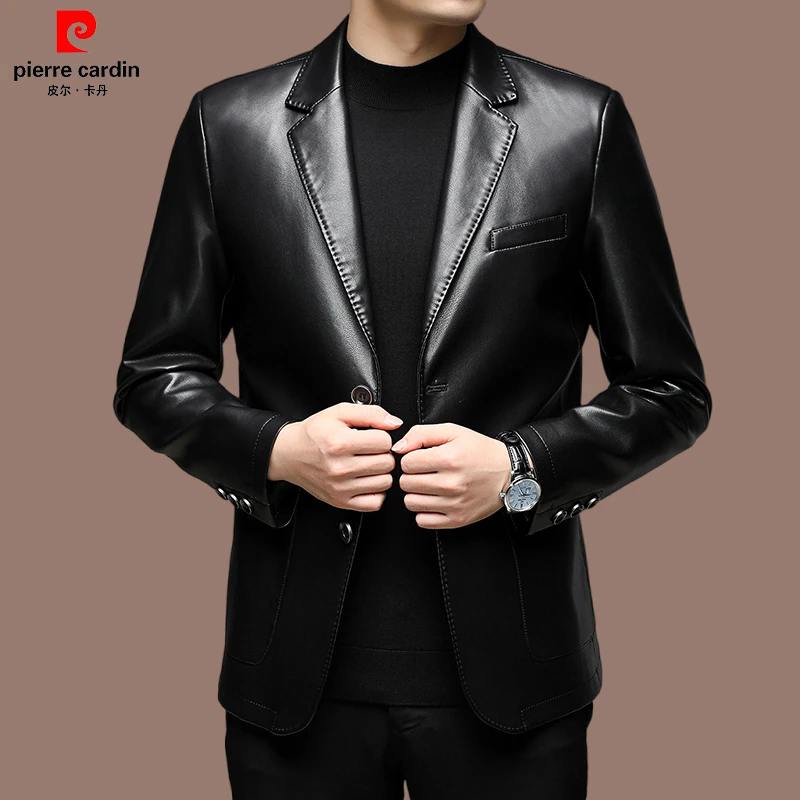 皮尔卡丹品牌 男士休闲皮夹克西装领外套春秋时尚爆款皮衣潮上衣