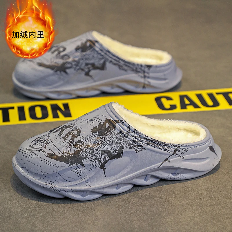 防水棉拖鞋男款冬季外穿防滑踩屎感加绒保暖居家用一脚蹬大码棉鞋