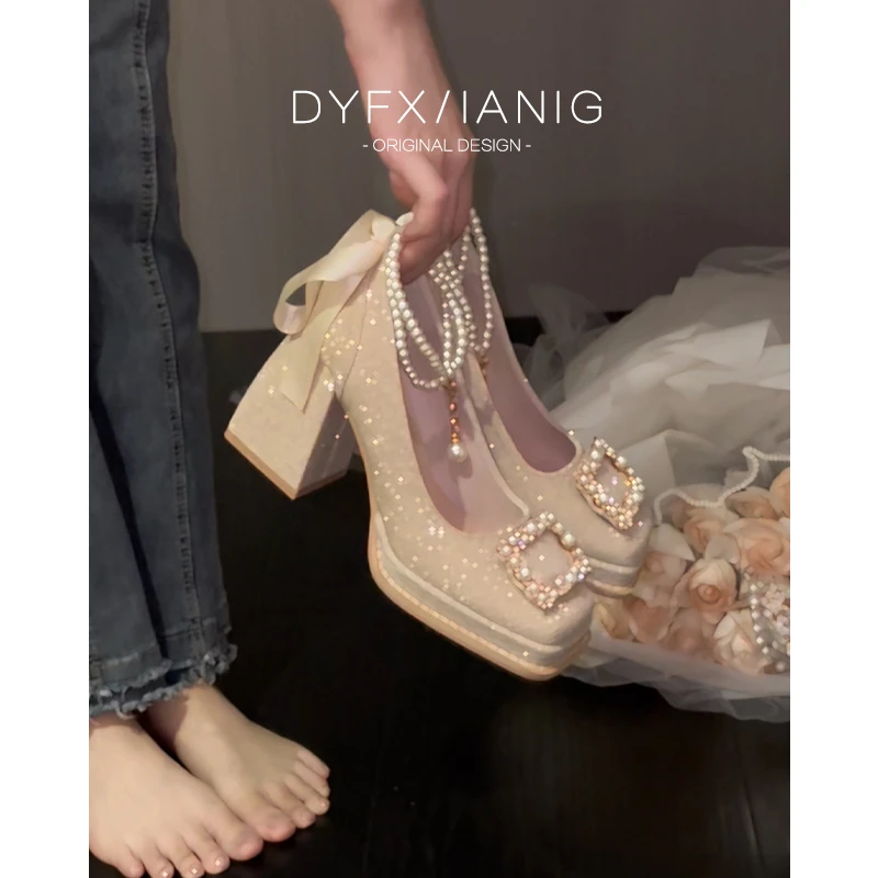 厚底防水台高跟鞋女粗跟小个子气质配裙子禾秀婚纱两穿婚鞋新娘鞋