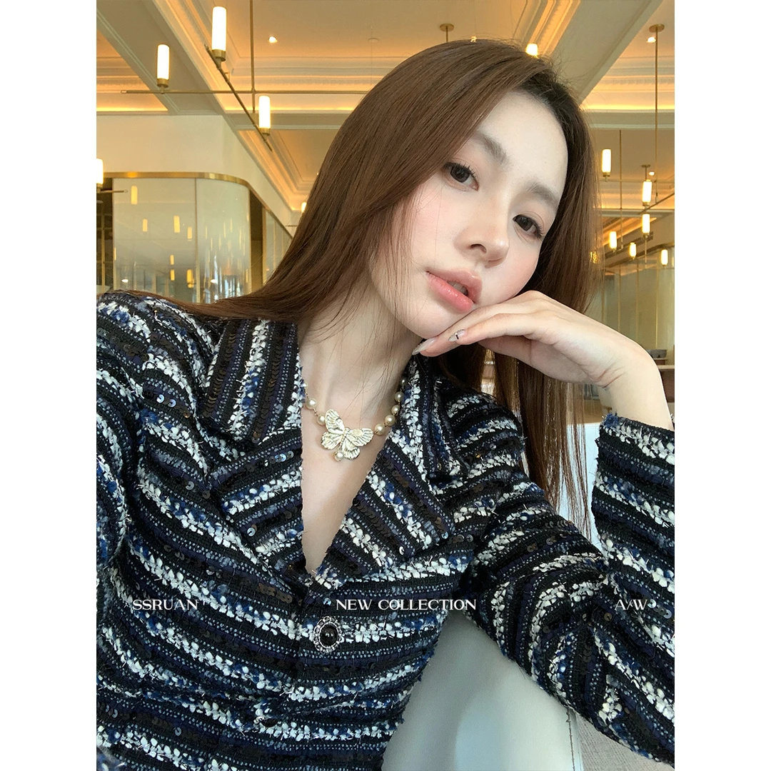 SSRUAN 春秋长袖时尚女士复古花呢海军亮片收腰显瘦小香风外套