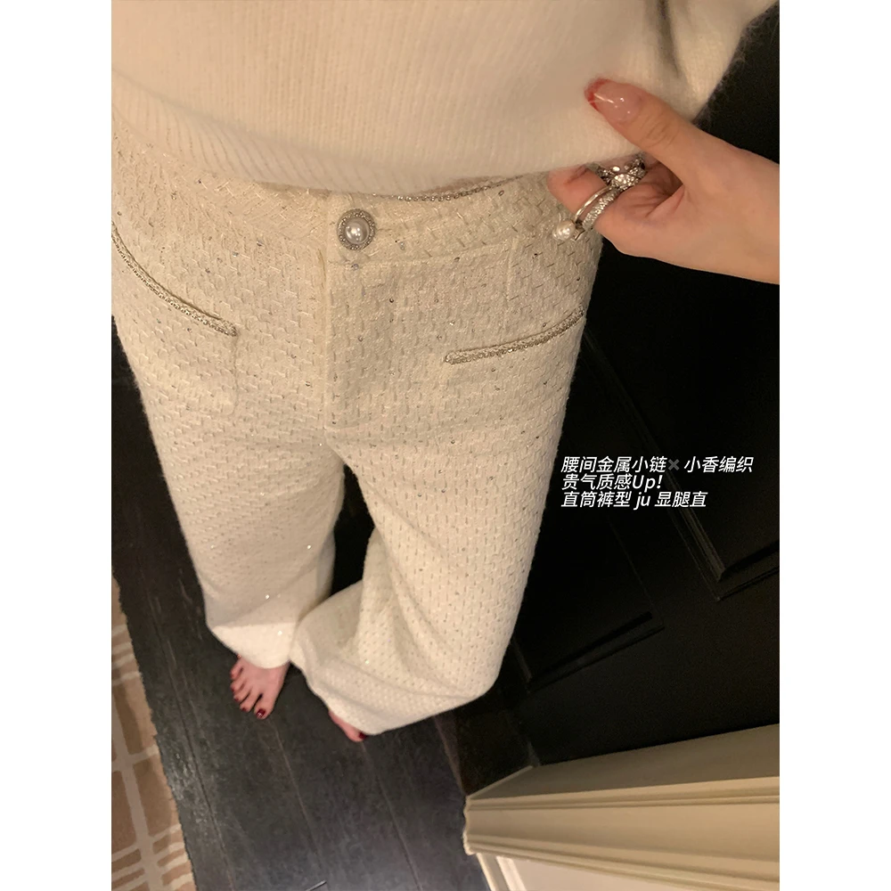 SSRUAN 小香细闪花呢链条拼接高腰直筒裤气质针织显瘦编织外穿