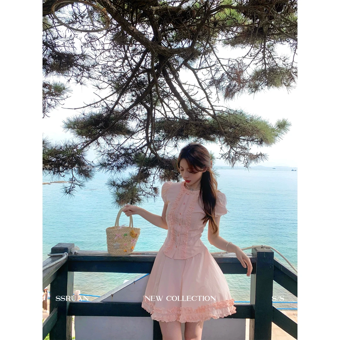 SSRUAN西柚少女木耳边重工衬衫两件套法式度假套装女花边半身裙