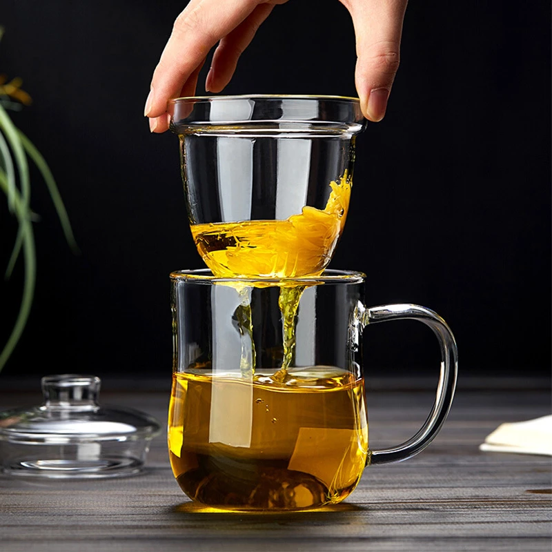 【雅韵茶杯】玻璃杯耐高温带把家用茶水分离带盖透明喝水杯花茶泡茶