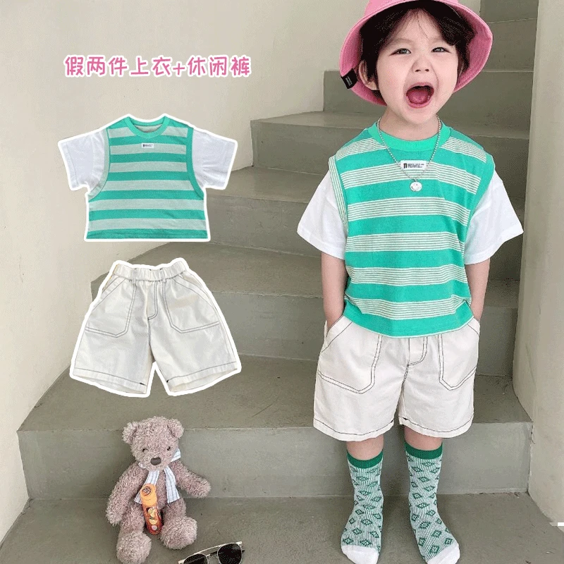 潮童夏季套装假两件条纹夏装新款帅气男童装小童短袖短裤两件套