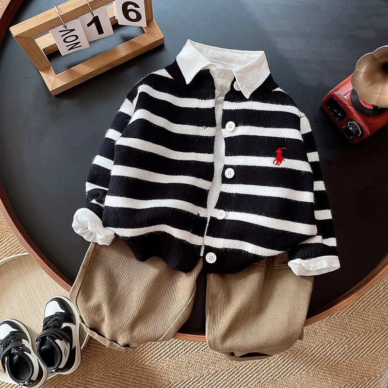 男童针织开衫春秋条纹宝宝毛衣卡通刺绣秋季儿童秋装休闲时尚上衣