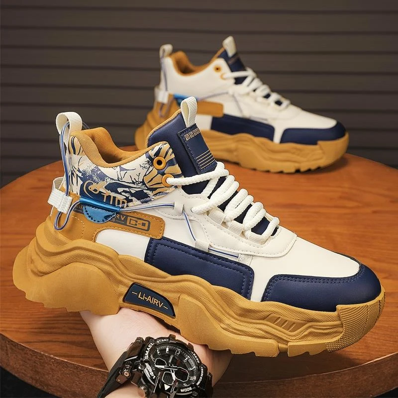 莆田男款秋季皮面防水百搭休闲青少年跑步防滑篮球运动增高老爹鞋