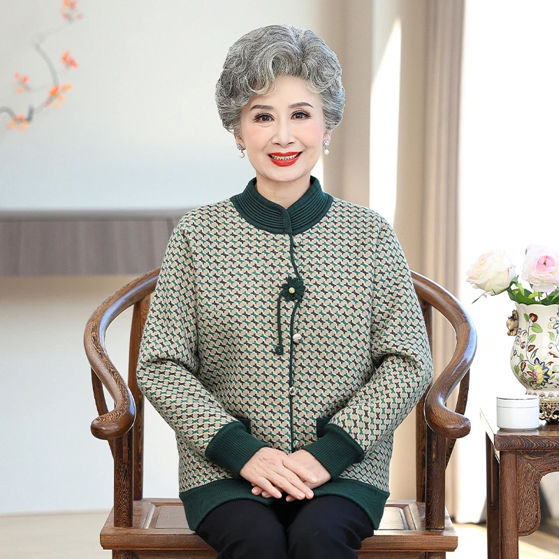 老年人女奶奶装加绒针织开衫60岁70妈妈装秋冬装2024新款保暖外套