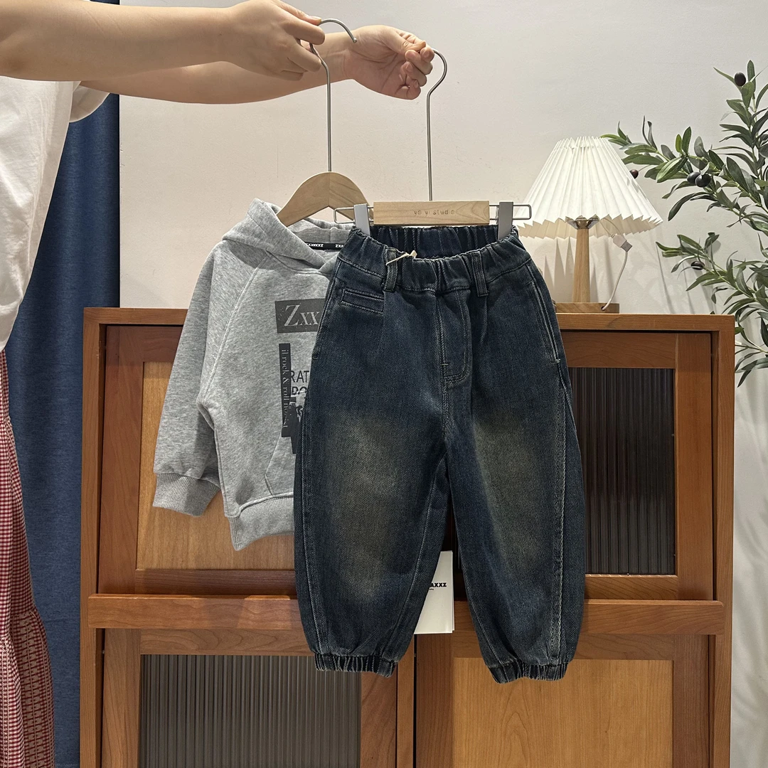 儿童秋季简约刺复古百搭束脚牛仔裤1316