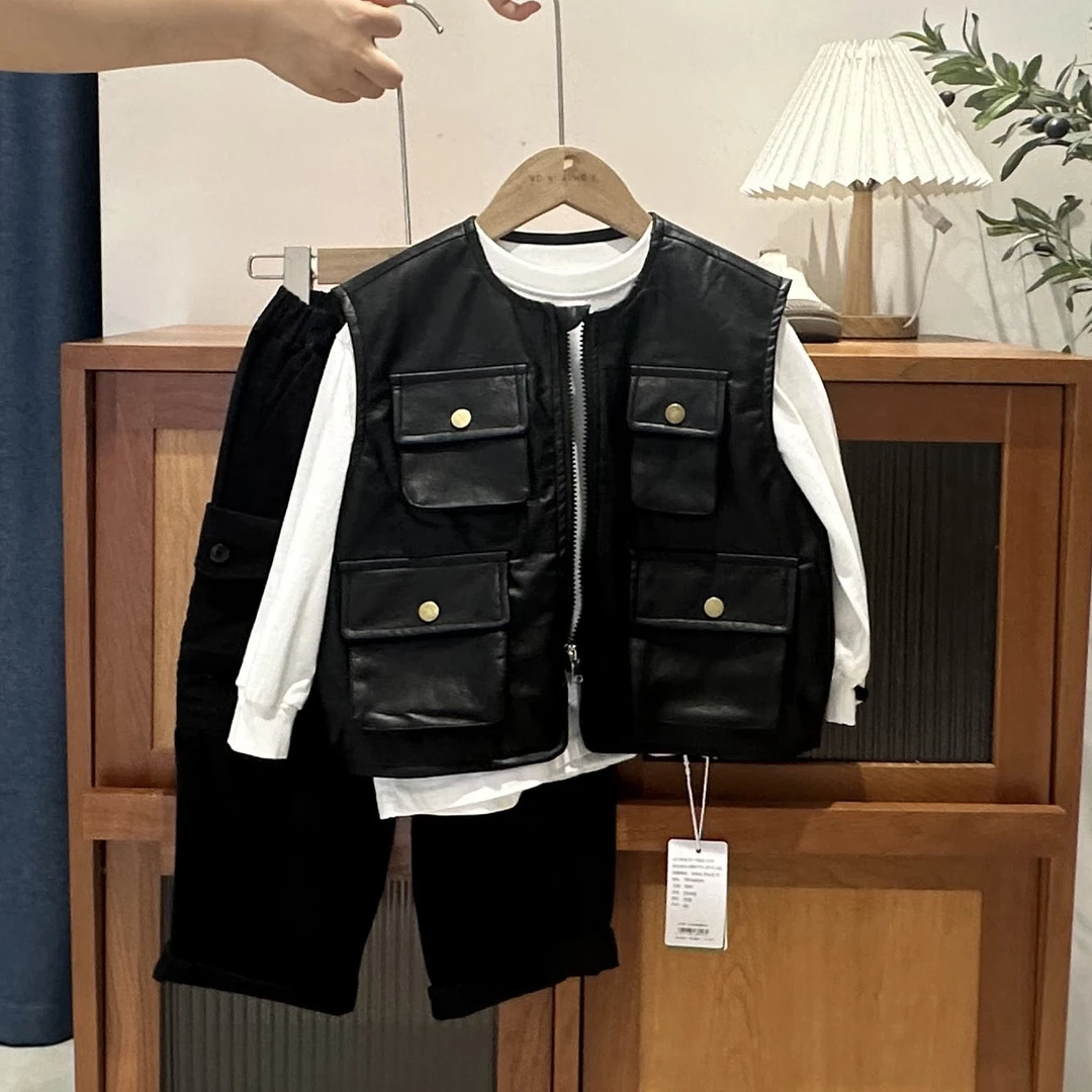儿童秋款酷帅多口袋拉链皮马甲26830