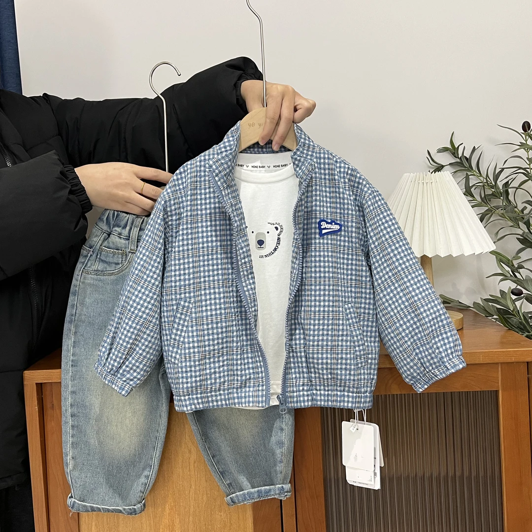 儿童春季休闲蓝白格子立领外套70181