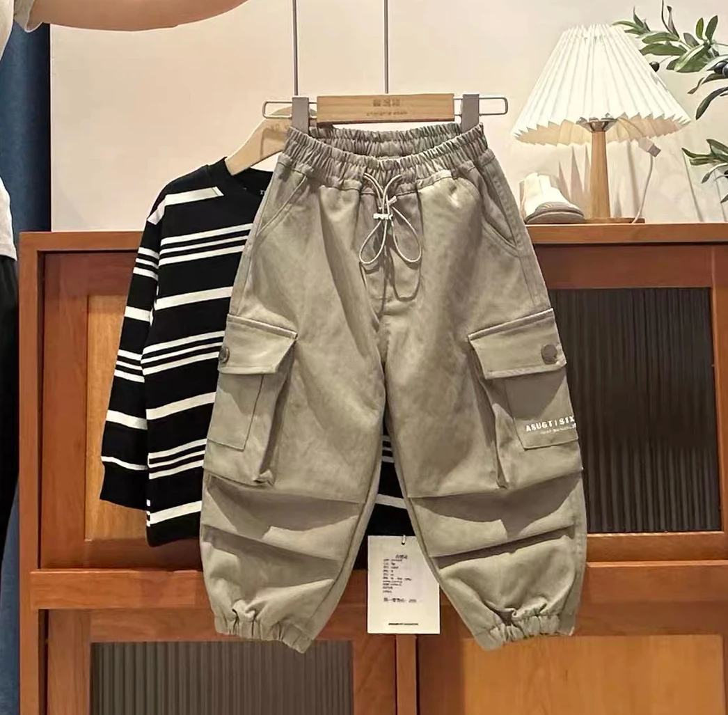 儿童秋款简约百搭抽绳束脚休闲工装裤15262