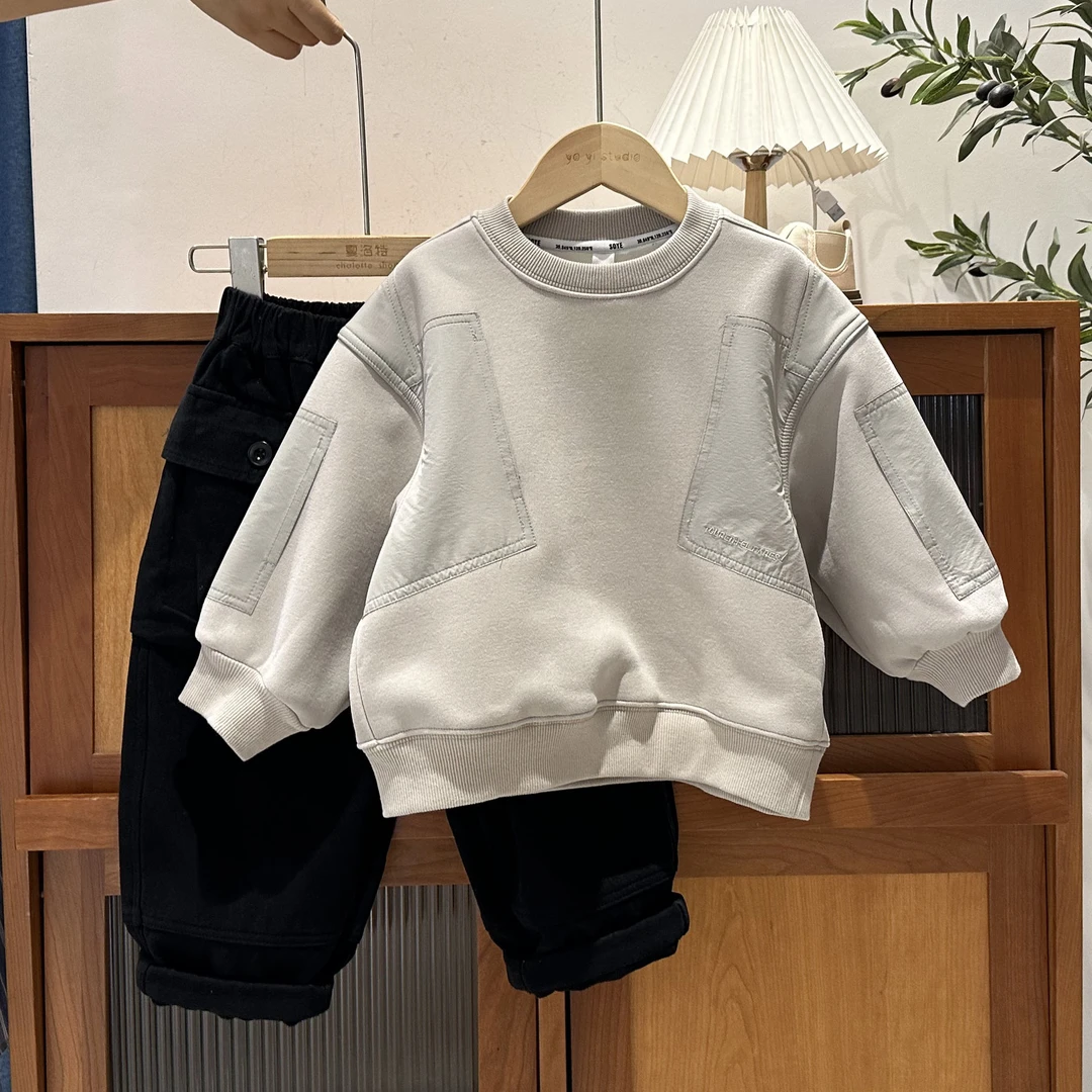 儿童冬季加绒重工贴布拼接圆领卫衣49835