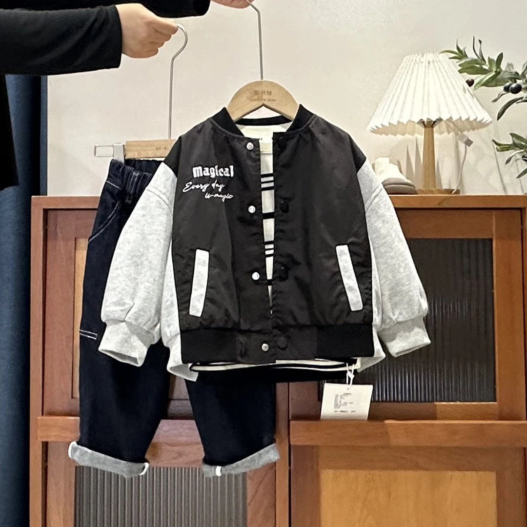 儿童刺绣拼接半排扣棒球服外套74326