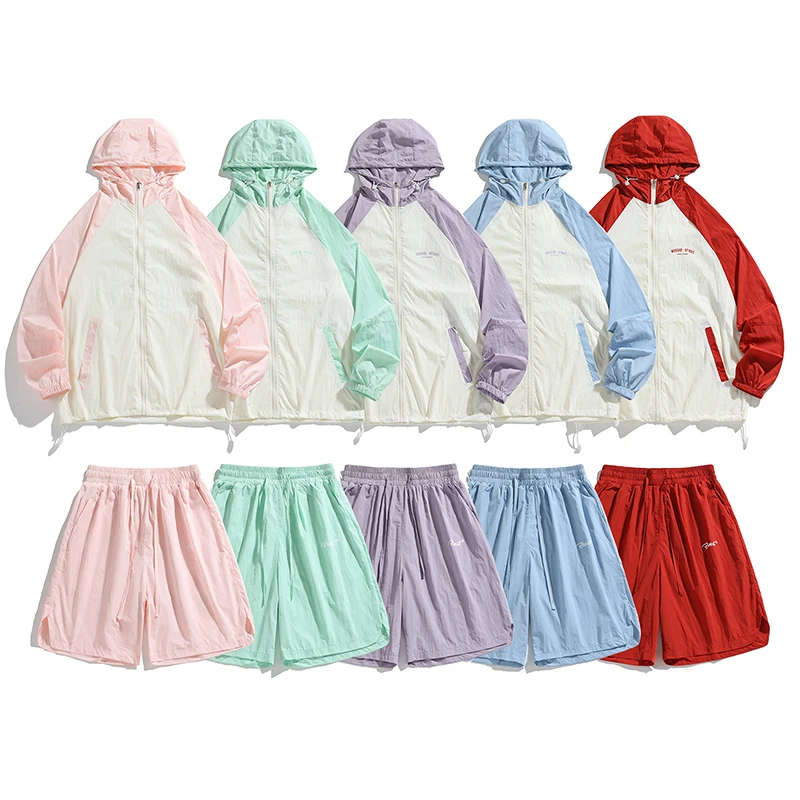 【两件套】2423速干撞色连帽防晒衣男夏季宽松情侣插肩袖防晒服外套