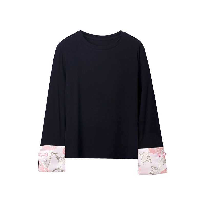 A F3239袖口刺绣打底衫中式国风长袖宽松修身