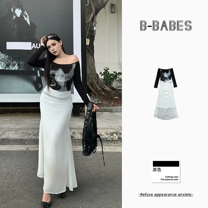 B-babes【烟云月光】大码显瘦云雾黑白假两件印花一字肩长袖连衣裙
