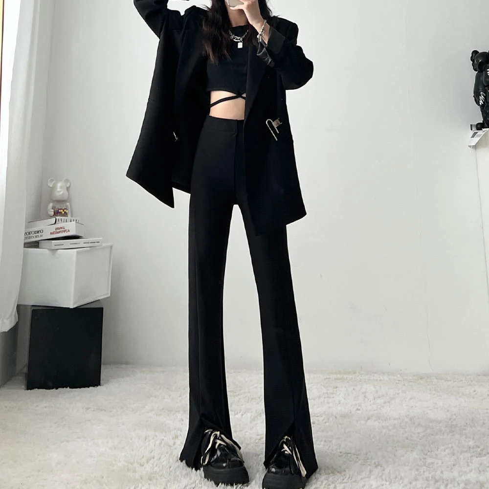 2025新款显腿长西装开叉裤女高腰显瘦微喇裤垂感直筒微喇西装裤