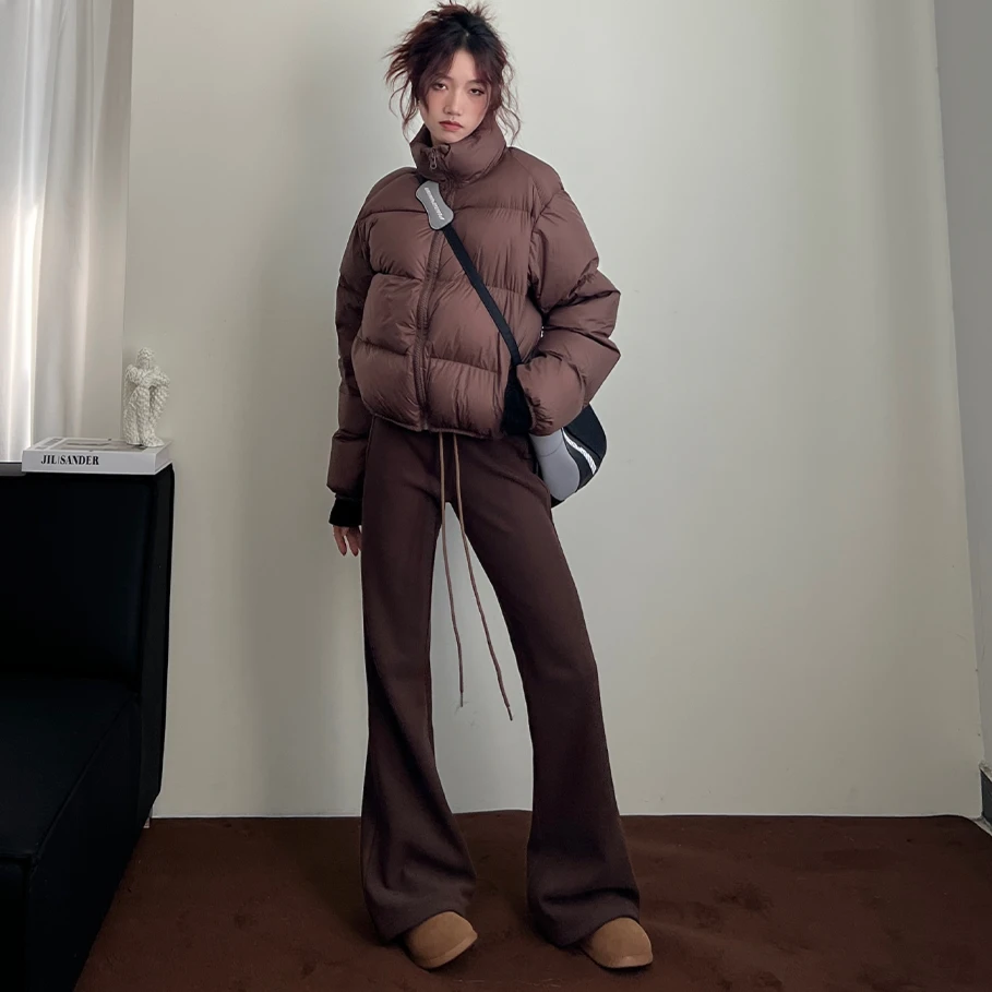 美式微喇休闲裤垂感加厚毛呢冬季女阔腿拖地长裤时尚百搭设计感裤