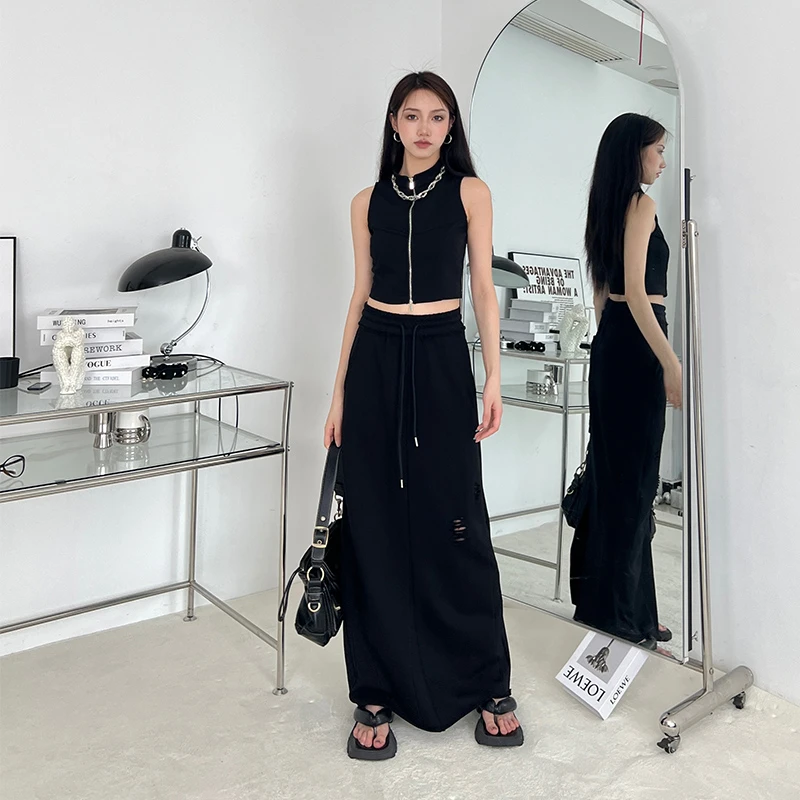 黑色半身裙女2024百搭松紧腰抽绳休闲直筒裙高腰显瘦 A字裙长款裙