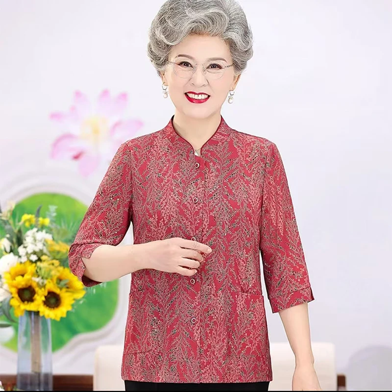 4842-早秋新款中老年奶奶装中袖立领妈妈装小衫（6F楼梯）
