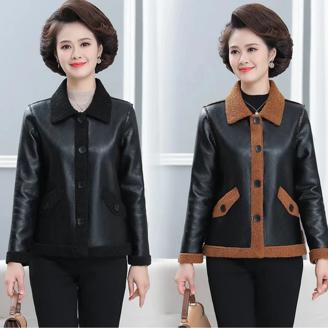 0087中年妈妈春秋时尚加绒皮衣