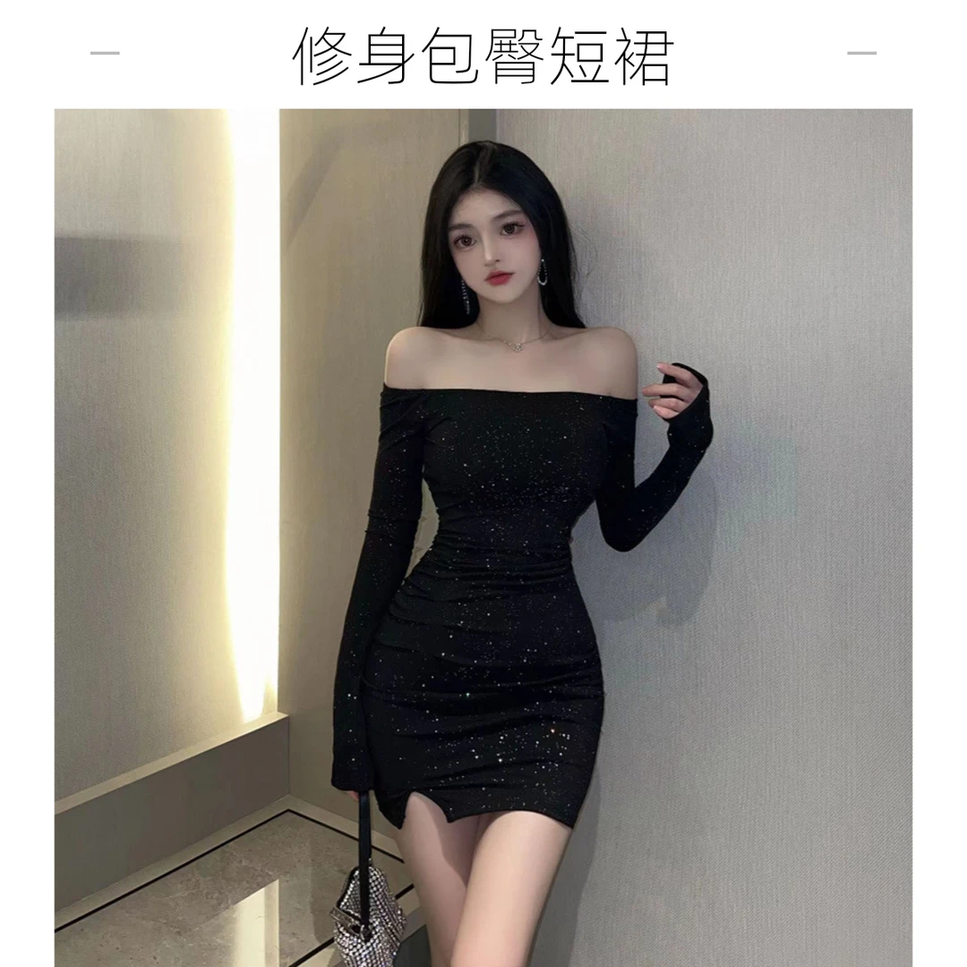 时尚一字肩法式连衣裙性感修身气质长袖包臀短裙显瘦新款黑色裙子