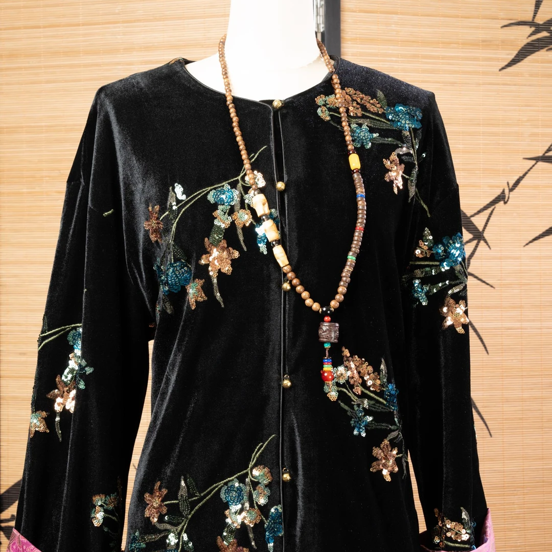 新中式女装 黑色绒配多色珠片花13