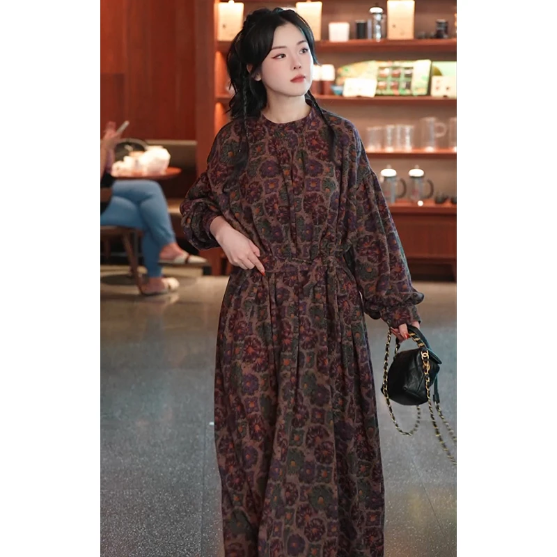 漾.晕染星空紫袍子设计师款原创法式宽松复古气质中长款连衣裙