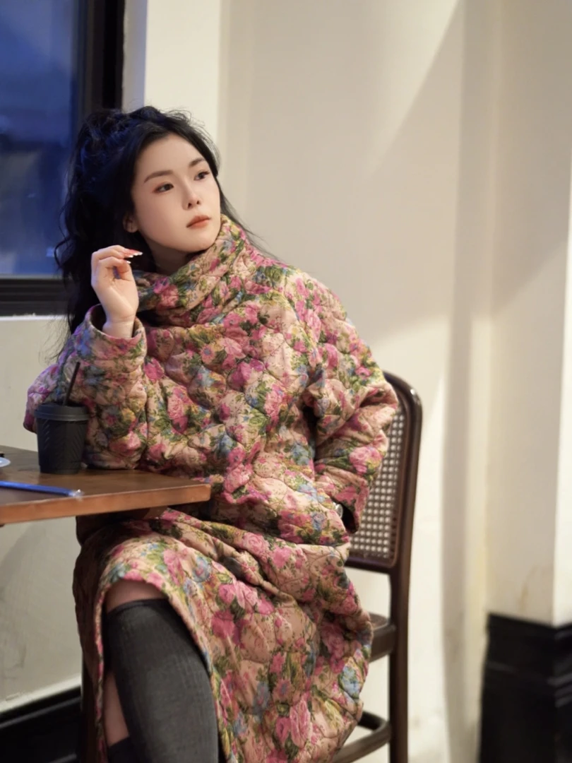 漾.设计师款原创绮窗前 寒梅著花未秋冬苎麻100绗棉秋冬高领袍子