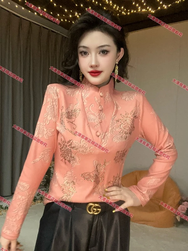 【秋冬新款】莲爱菊印花立领排扣加绒减龄重工烫钻长袖打底衫女8258