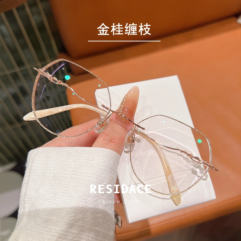 金桂缠枝新中式无框切边轻奢大框显脸小男女同款眼镜定制080025