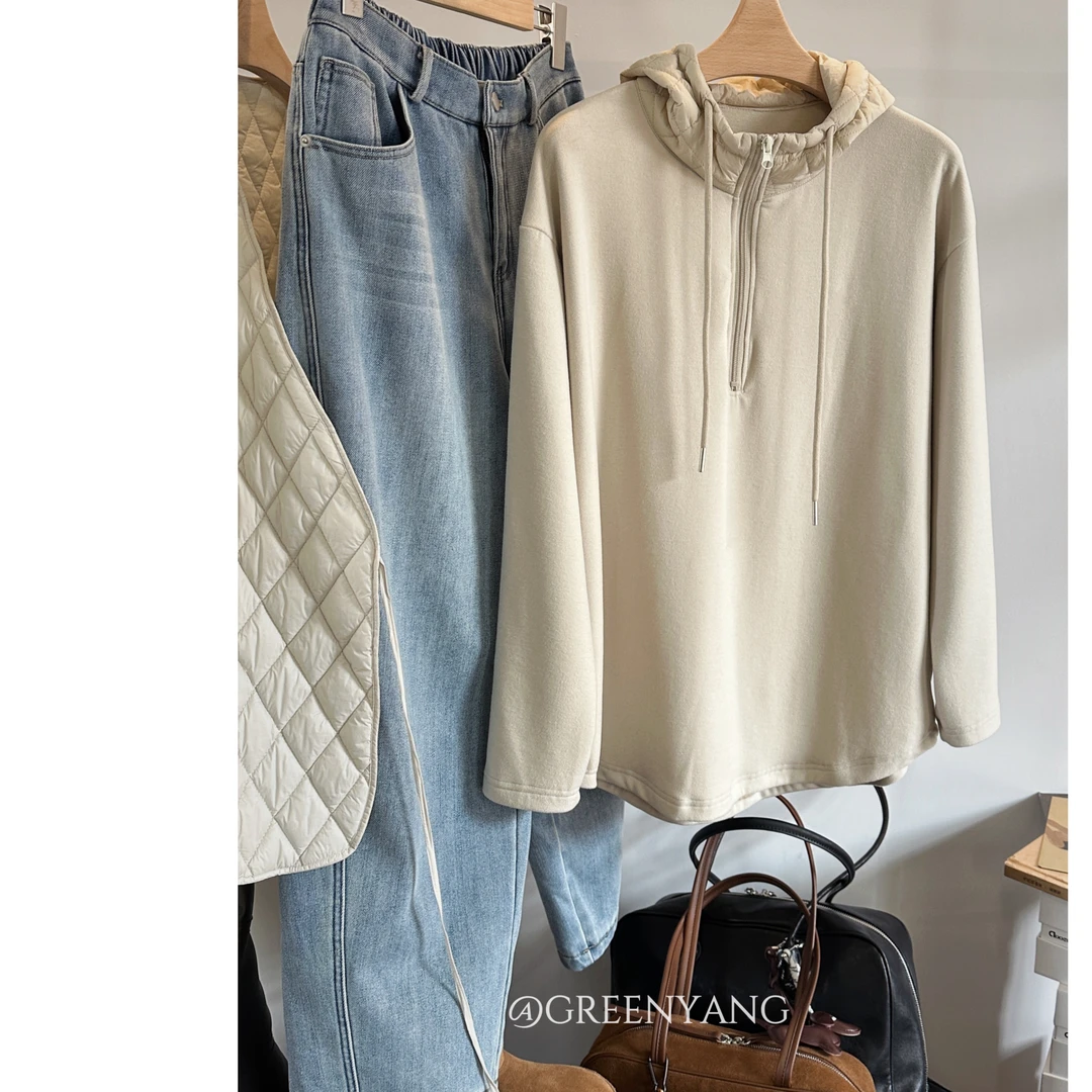 老羊家~2024秋冬款拼接设计半拉链格子连帽德绒卫衣打底衫女绒衫