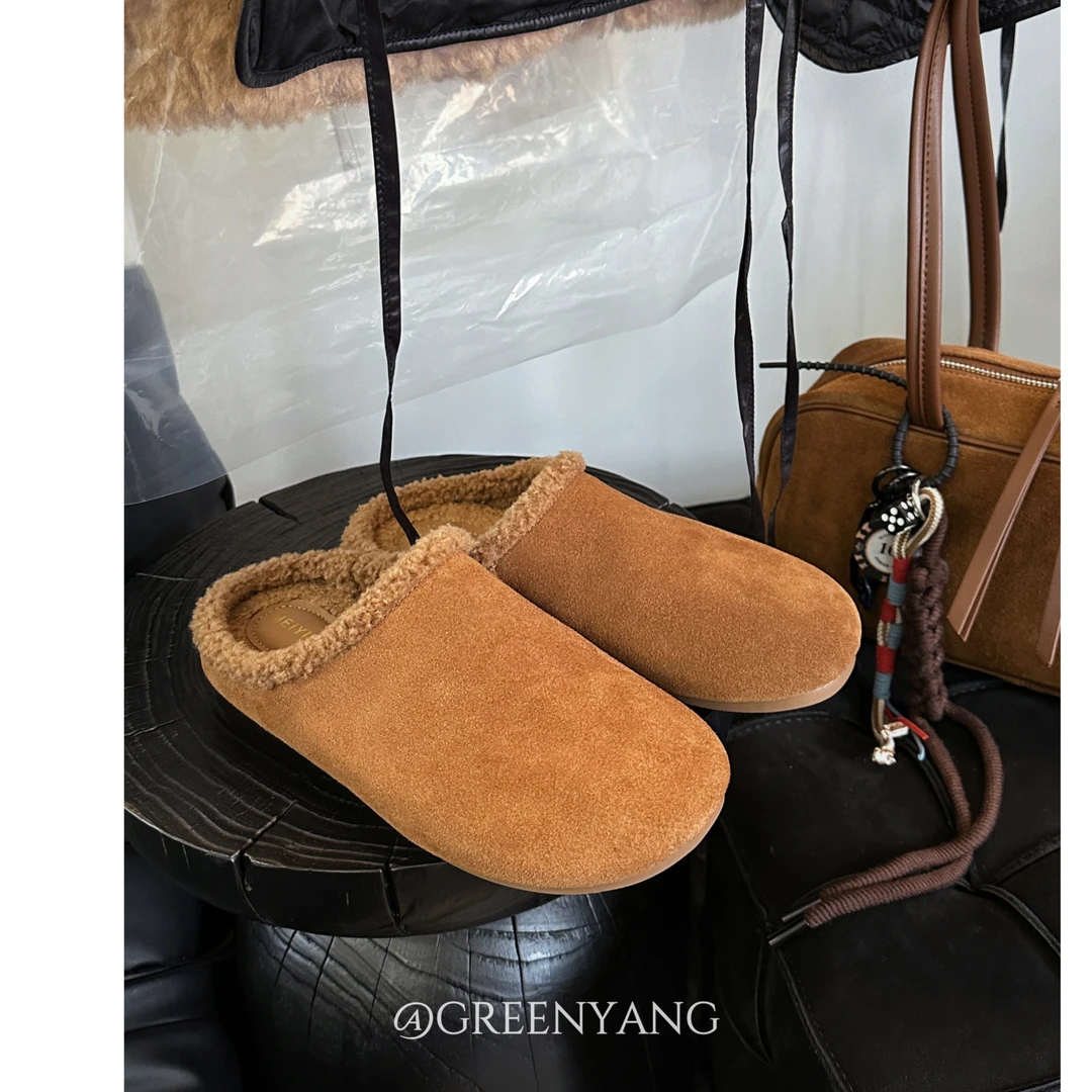 老羊家~韩版加绒勃肯鞋女外穿懒人包头一脚蹬保暖博肯毛毛拖鞋冬