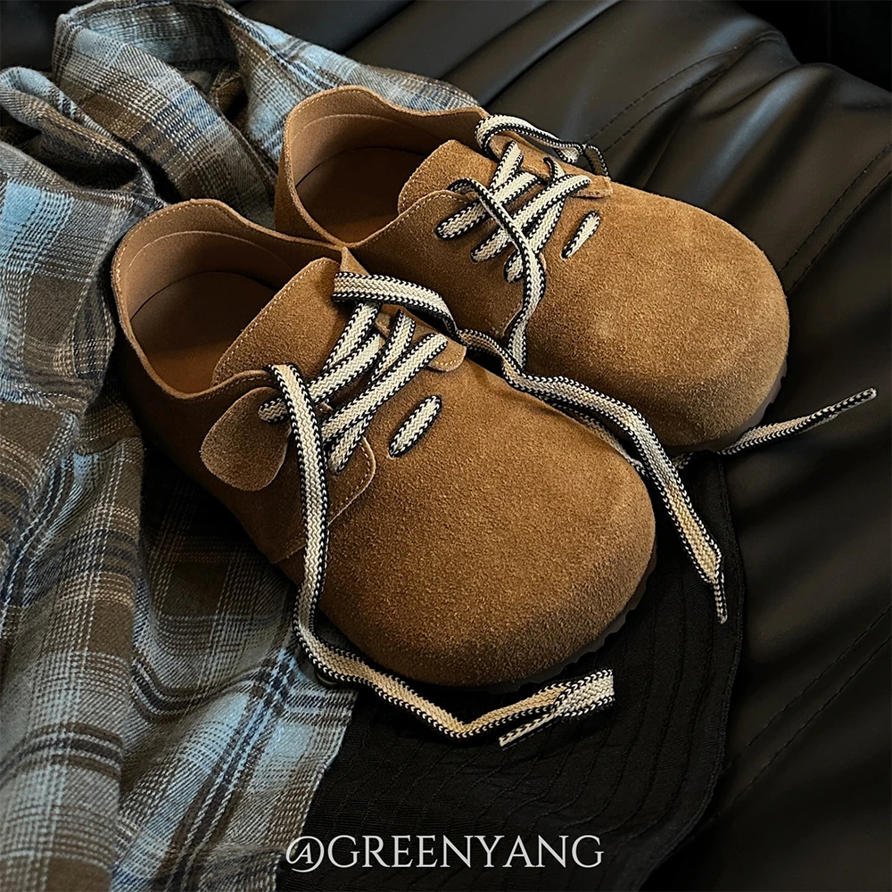 老羊家~软底勃肯鞋女新款复古泡芙鞋平底系带博肯单鞋圆头女