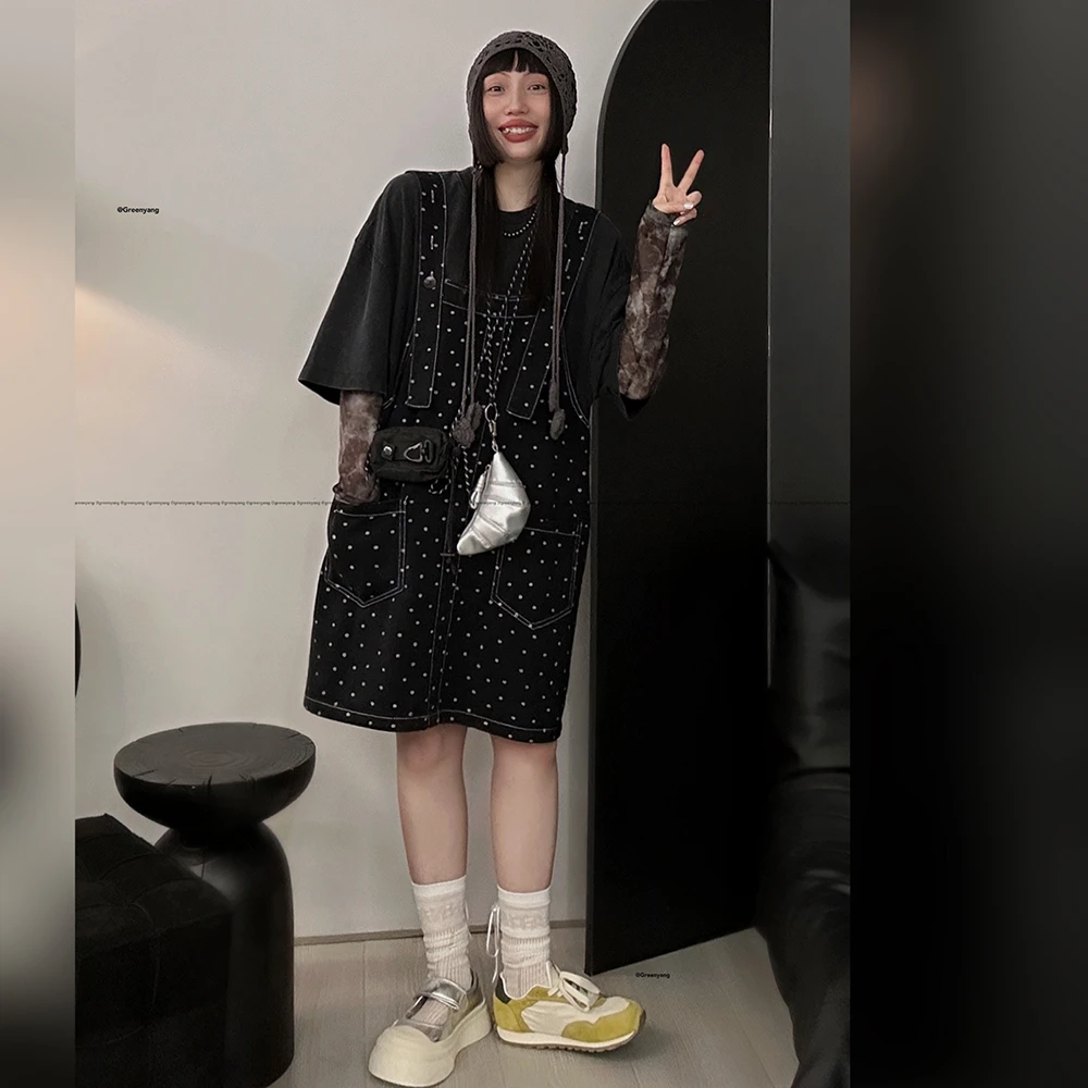 老羊家~【新款上架】短款牛仔背带波点连衣裙女韩版少女学院风A字裙