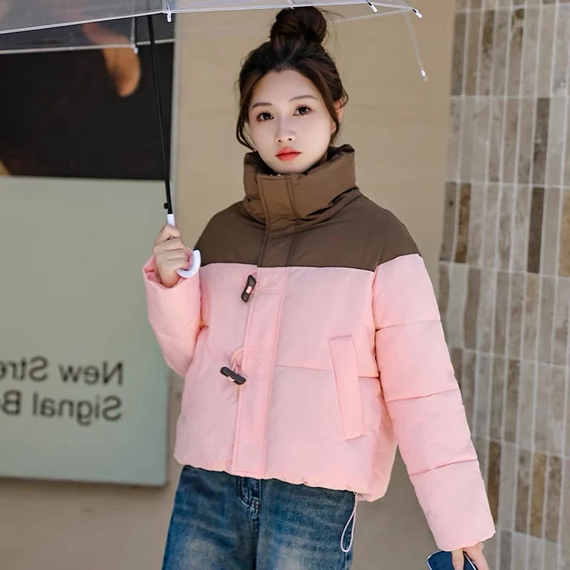 拼色短款立领洋气棉服女冬季新款宽松时尚百搭加厚保暖面包服外套