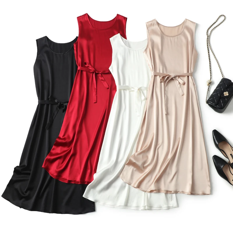 双乔缎真丝背心打底裙女夏季纯色无袖衬裙桑蚕丝连衣裙宽松中长裙