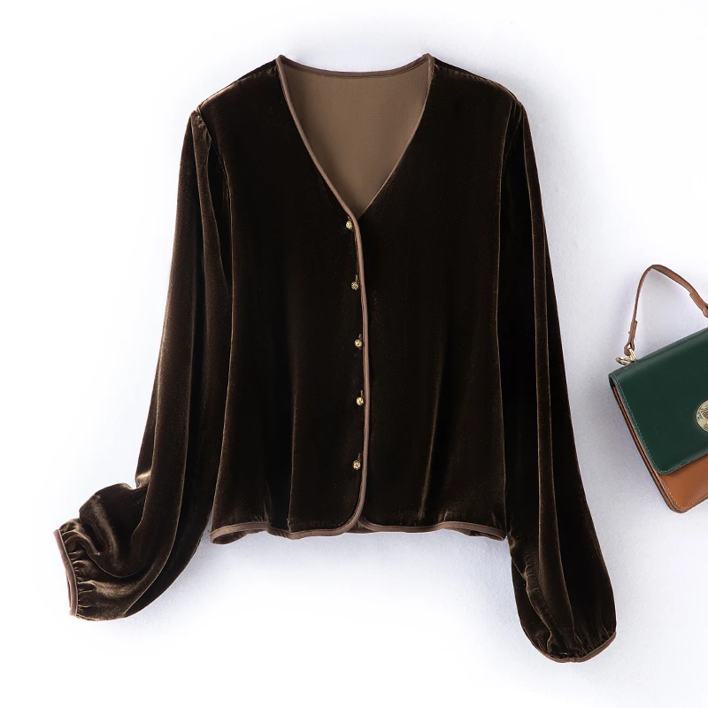 新款小香风真丝丝绒衬衫女v领宽松显瘦百搭上衣桑蚕丝短外套开衫
