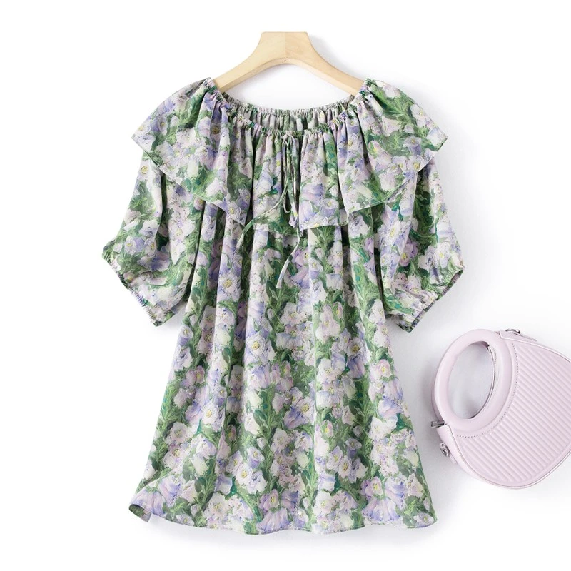 100桑蚕丝一字领洋气减龄真丝女宽松显瘦印花上衣桑蚕丝短袖T恤夏