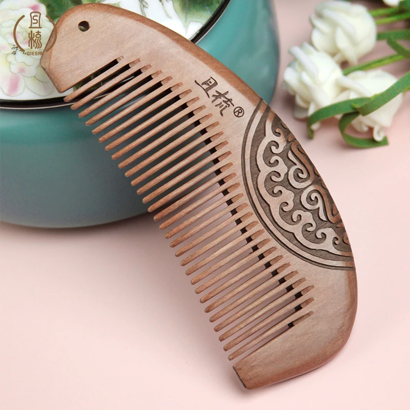 且梳古风老桃木梳子天然檀木梳护发按摩梳雕花木梳随身便携送亲友