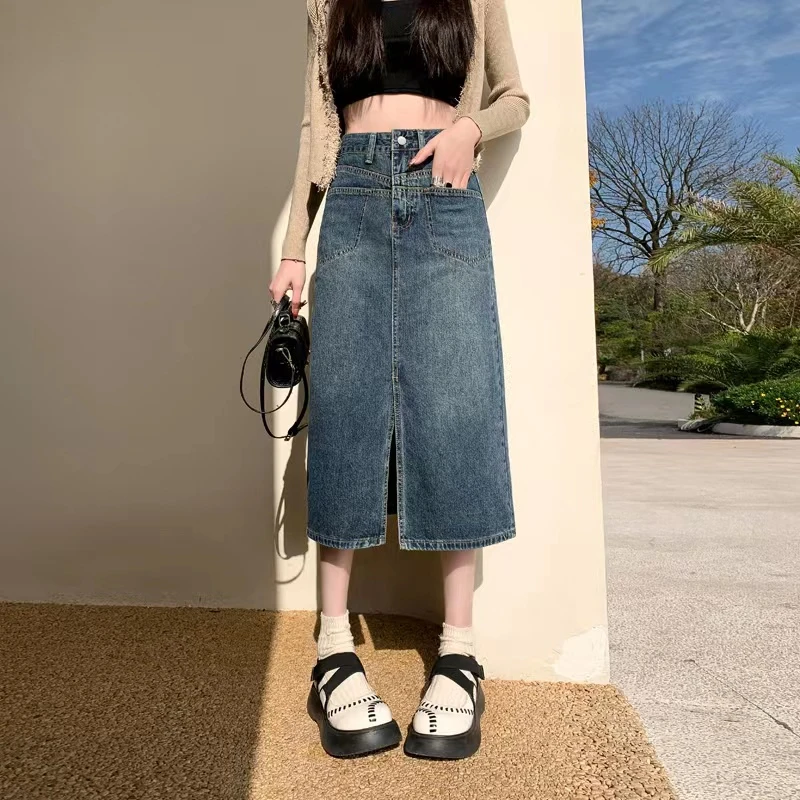 Y春装2023年新款高腰复古前开叉牛仔裙女小个子中长款半身裙子