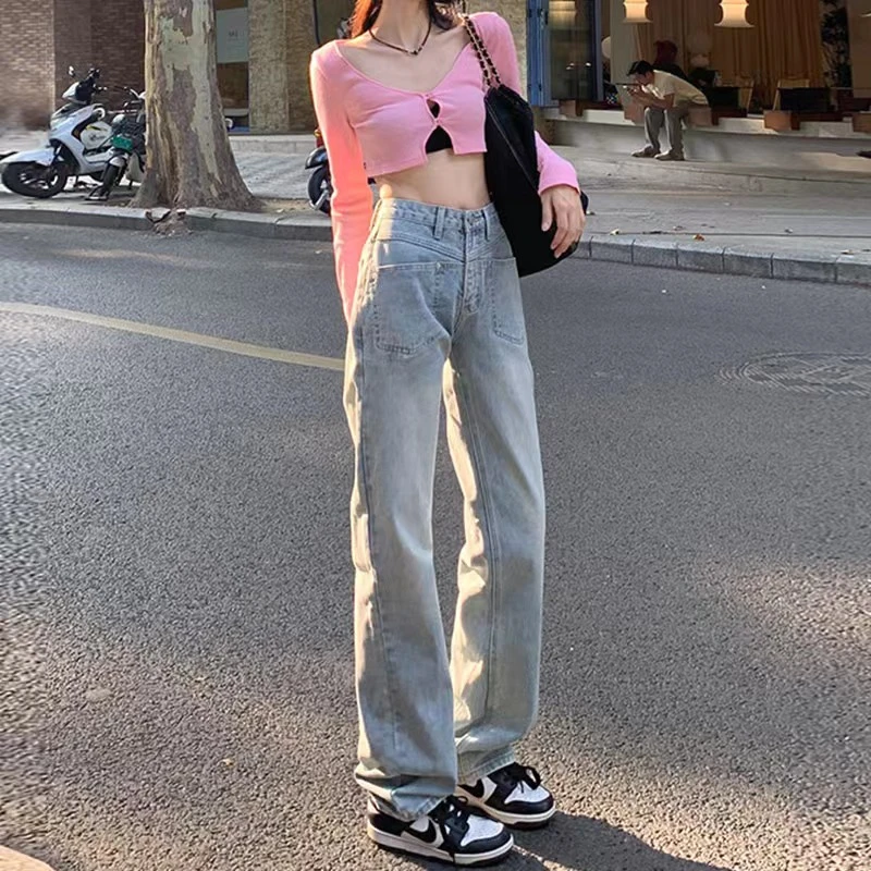 LY设计感浅色窄版阔腿牛仔裤女新款宽松高腰直筒裤子2023春秋装
