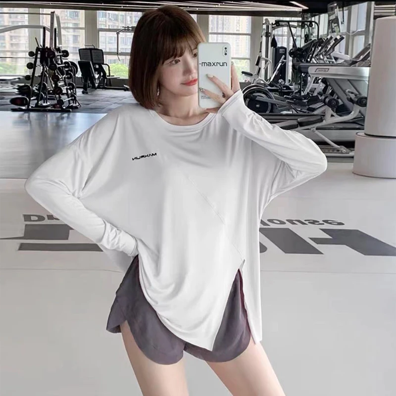 大码运动罩衫速干T恤大码健身服长袖瑜伽上衣开叉运动上衣女宽松